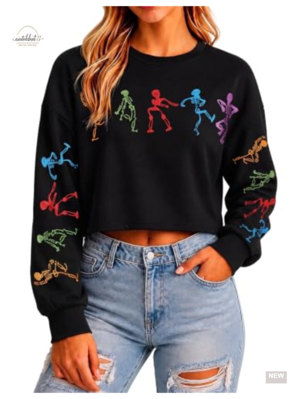 Glitter Skull Crop Sweatshirt Women Halloween Pullover Long Sleeve